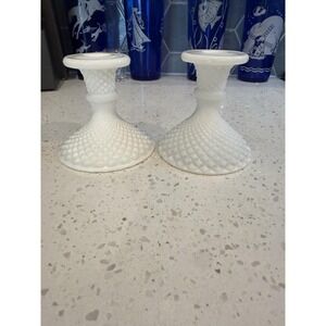 Westmoreland Milk Glass English Hobnail Pair Of Candle Stick Holders Mid Century